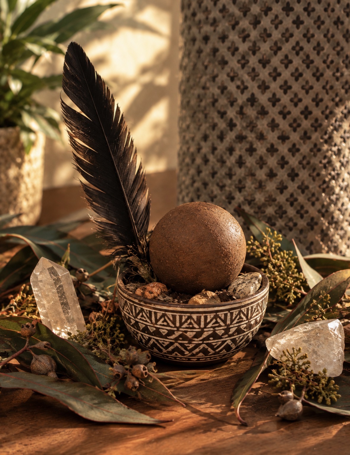 A Dhawun Buru displayed in a bowl among natural elements