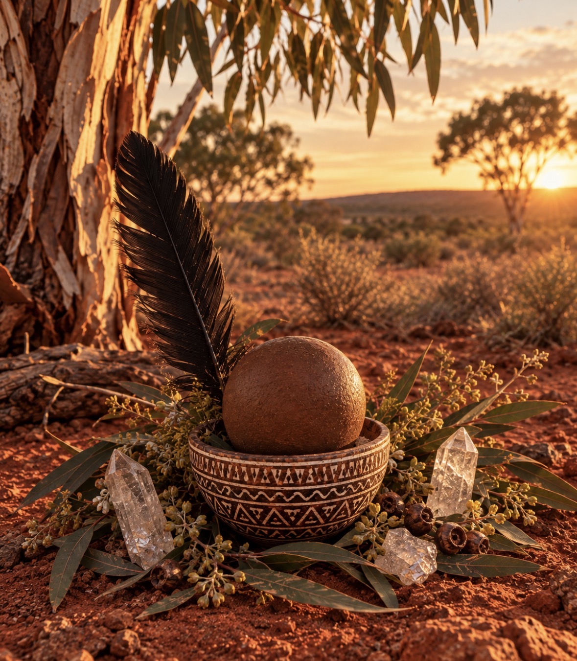 An earth piece displayed in a decorated bowl with a feather, crystals and eucalyptus on red earth at sunset